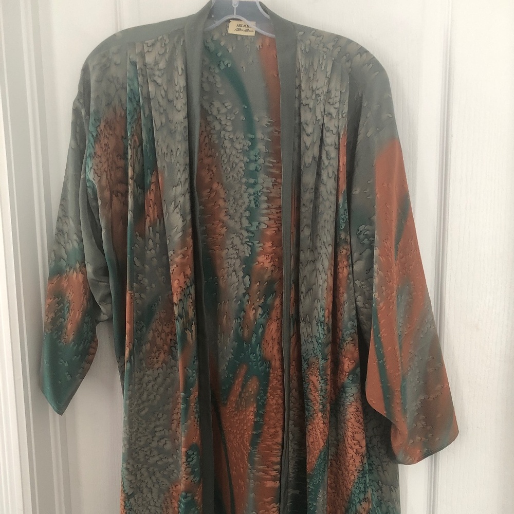 Unique One of a Kind Silk Earthtone Teal and Copper Watercolour Artisan Duster